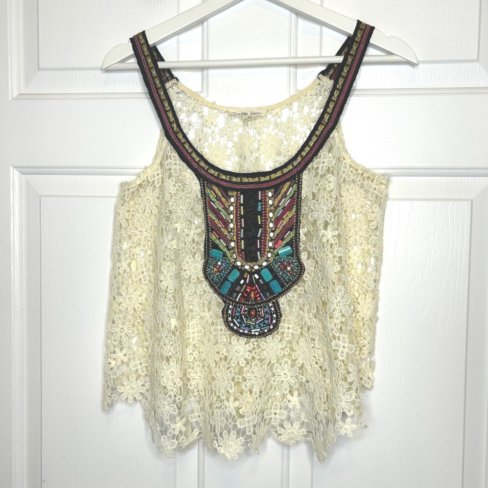 Double Zero Lace Embellished‎ Tank Top Cream Boho Festival M